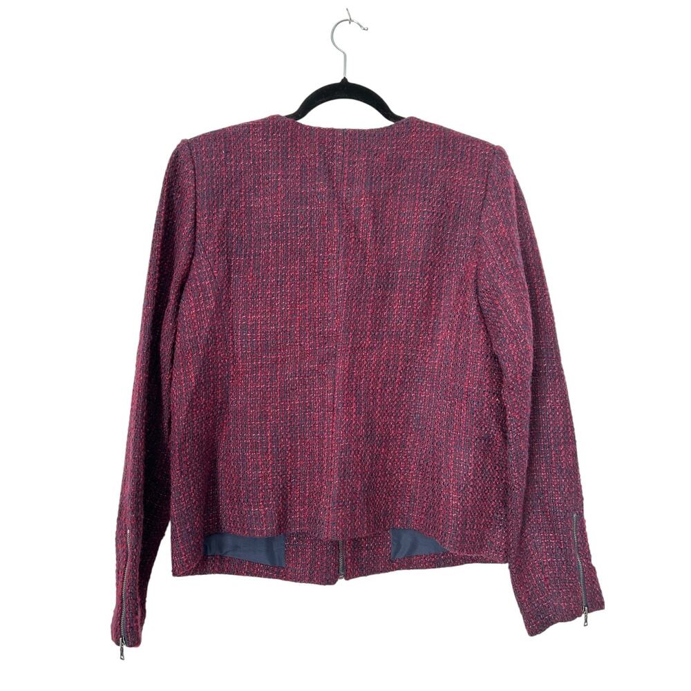 LOFT Blazer Womens Size 10 Burgundy Blue Wool Tweed Collarless Full Zip Jacket - Picture 5 of 12